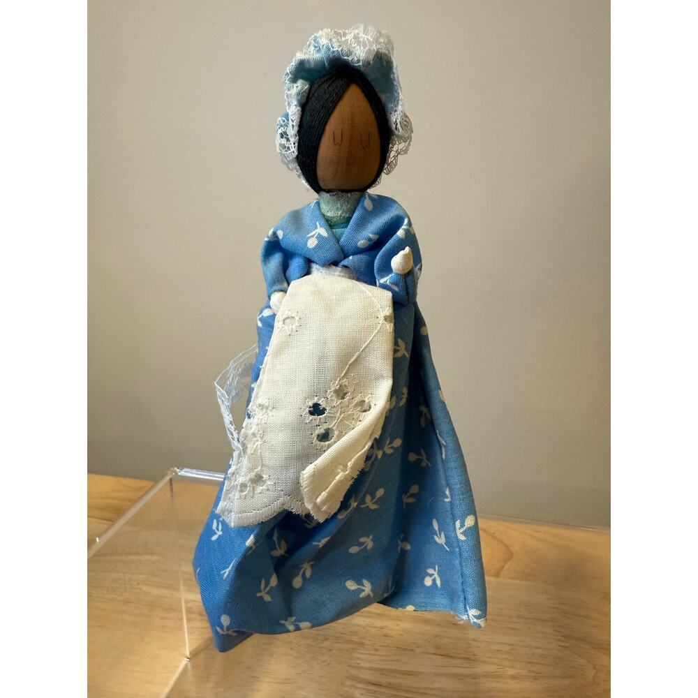 Handmade Bermuda Cedar Wooden Doll Floral Blue Dress and Bonnet